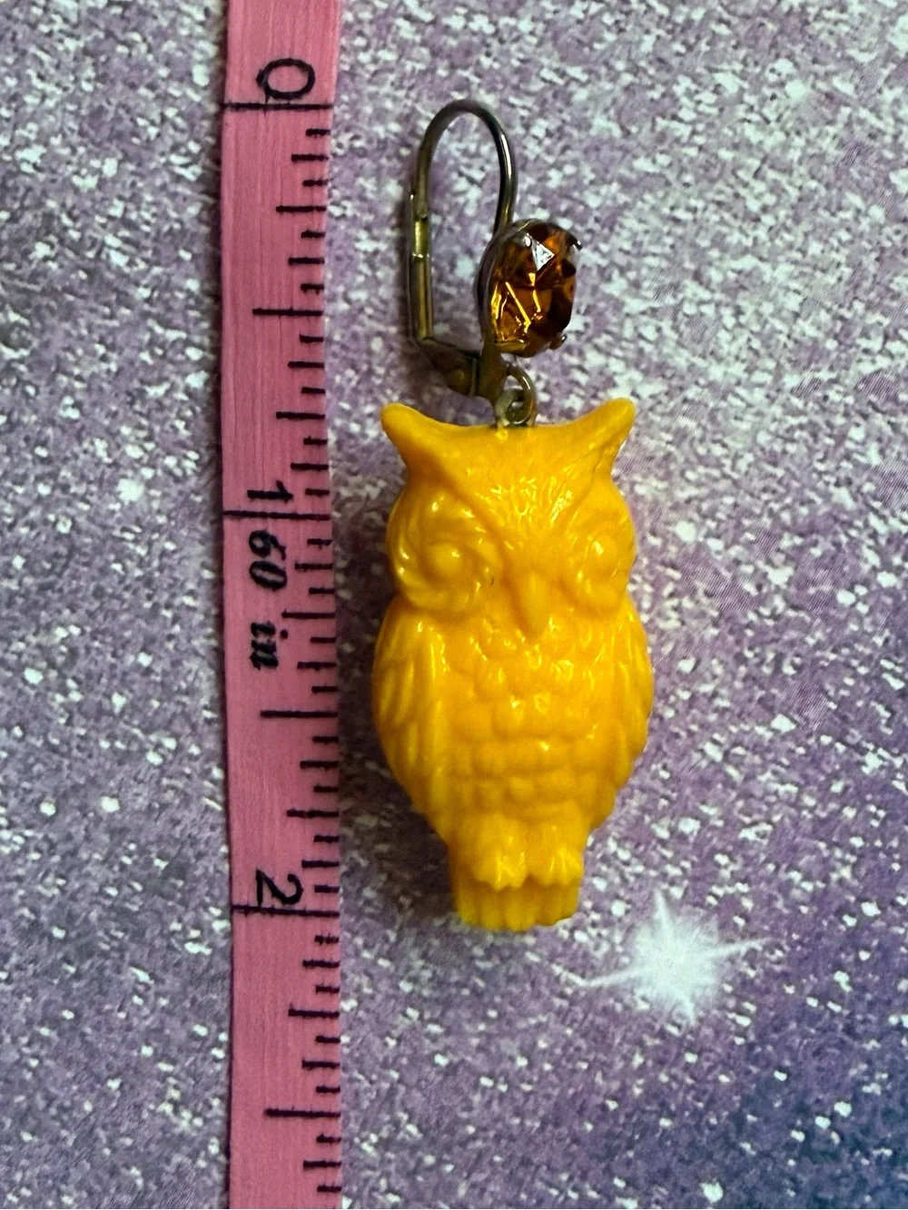 Rare Tarina Tarantino Vintage Owl Yellow Lucite Topaz Crystal Leverback Earrings